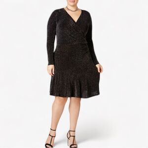 Michael Michael Kors, Metallic Knit Wrap Cocktail Dress, 1X Black, Gold, Silver